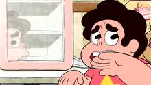 O reflexo de Steven no mini freezer está ao contrário.