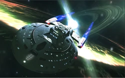 The USS Sally Ride flying through the Shackleton Expanse