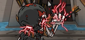 Adicai with many arrows in his back and breaking an arrow enraged while sparks of magic come out of his eyes and hands.