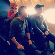 Director Chad Lowe, Writer Andrew Zuber watching the screens on board their fake airplane