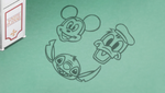 Water drawings of Mickey Mouse, Donald Duck, and Stitch