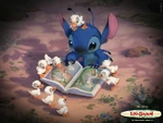 Stitch reading The Ugly Duckling to several ducklings