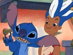 Stitch in Lilo's body having gotten a blue-and-white mohawk