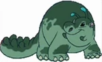 A large, green Ankylosaurus/hippopotamus-like experiment with a big nose and mouth, two stubby antennae and a large, spiked beaver-like tail.