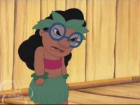 Lilo in her hula outfit imitating Mertle