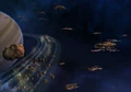 A combined Federation-Klingon fleet secures the quantum singularity to fluidic space