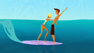... and Fin tries to push him off her surfboard...