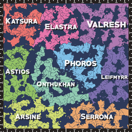 A map of Eldham detailing its regions and sub-continents.
