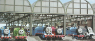 Thomas, Percy, Gordon, James, Edward, and Spencer at Knapford Station
