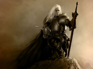 Elric cradles his Dragon Helm under one arm