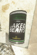 The labels and inscriptions on a can of beans. Note the best-before date on the lip of the can.