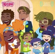 Lime Chiffon, Orange Blossom, and Blueberry Muffin laugh with their relatives (except Blueberry Muffin's brother) in Berry Bounty Banquet Part 2 after Strawberry Shortcake reveals that she jinxed the titular thanksgiving feast.