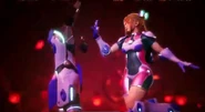Area gives her bionic arm Cancer a high five during her win animation