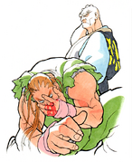 Retsu next to a defeated Dan in concept art for Street Fighter Alpha.