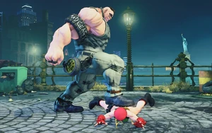 Abigail stomping and walking on 's back using Hit & Run.