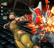 This picture shows the Inputs for a Super Jump Canceled Pandora. Pandora needs two down inputs but due to the leniency of inputs, the up that activates the Super Jump can be put in between the two down inputs, the second down input and it's buttons can be put while Ibuki is on her pre-jump frames to activate the Pandora mechanic.