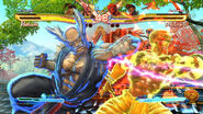 Heihachi Mishima fighting Dhalsim. Ling Xiayou and M. Bison's icons can be seen above the life meters.