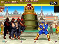 Akuma about to deliver the Shun Goku Satsu on M. Bison in Super Street Fighter II Turbo.