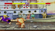 Balrog "sweeping" Ken in Street Fighter II': Hyper Fighting. It is interesting to note that Balrog did not have a sweep in The World Warrior and his sweep from within this game reuses his crouching LK and MK animation. He would eventually gain a true sweep animation in the following update.