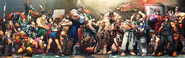 UDON's Street Fighter character group art (Cammy is crouched next to Ryu and Ken).