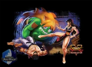 Blanka, Ryu and Chun-Li in their alternate costumes in a Capcom Pro Tour 2018 image, avalaible as a T-shirt, which is a tribute to the American Street Fighter II SNES box art.