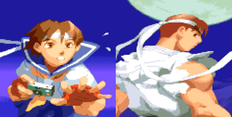 Ryu from street fighter holding a really long baseball bat