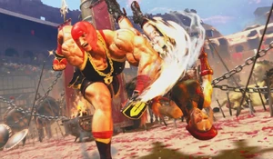 Marisa knocking  to the ground using Javelin of Marisa.