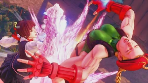 Sakura defeating  with an uppercut to the chin using Sakura Rain.