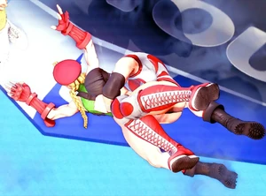 Yamato Nadeshiko drives her elbow into Cammy's back at the end of EX Brimstone.