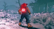 Akuma posing with kanji for "godlike person" (神人 shinjin) burning bright on his back after delivering the Shun Goku Satsu.