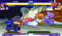 Ryu's Level 3 Shinku Hadoken vs. Sagat's Level 3 Tiger Raid in Street Fighter Alpha.