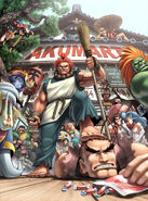 Akuma "defeating" Dan in his store "Akuma Market". Cover for UDON's Art of Capcom. Art by Omar Dogan.