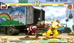 Elena using Spin Scythe against  in Street Fighter III.