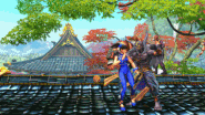 Dhalsim avoids Ling Xiaoyu's throw and proceeds to bash her head with his own forward throw.