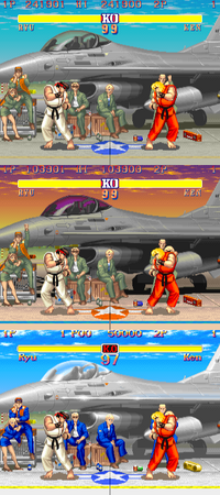  and  fighting on 's stage in three different versions of Street Fighter II. From top to bottom: the original Street Fighter II, Street Fighter II': Champion Edition/Hyper Fighting and Super Street Fighter II/Turbo/Hyper.