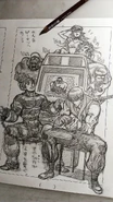 Hugo and other Final Fight characters at an arcade, by Motoki Yoshihara