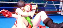 Nadeshiko catches Cammy in a headlock during R. Mika's Peach Assault.