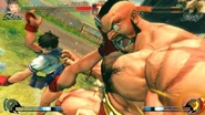 The launching high kick hits Zangief's face and throws him upwards