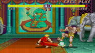 Ken sweeping Dhalsim in Street Fighter II: The World Warrior.