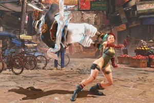 Rashid delivering a dropkick to Cammy during Rider Glider.