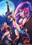 Maki, Ingrid, Poison and Cammy in "Alley's Cat", as featured in the Capcom Fighting Tribute artbook, illustrated by "DarkerEve"