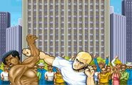 Street Fighter II, imagen de la apertura donde aparece el luchador que posiblemente se creía era Mike, golpeado por quien se creía podía ser Joe.