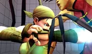 Ibuki launching a beam of her power in Yang's belly about to explode.