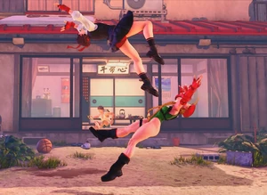 Sakura leaping off of Cammy using Kashinfu.