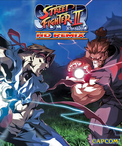 Promotional leaflet for Super Street Fighter II HD Remix, depicting Ryu and Akuma in HD quality.  Artwork by UDON.