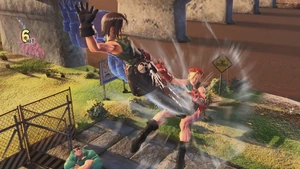 Akira kicking  to the ground using Ten no Renbu.
