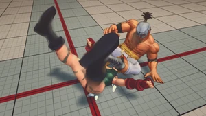 El Fuerte slamming  into the ground using El Fuerte Flying Giga Buster.