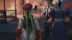 Cammy, Chun-Li, and Guile are confronted by Charlie Nash.