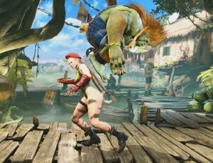 Blanka leaping off of 's shoulders using Jungle Flip.