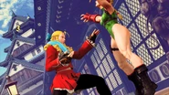 Karin about to deliver the final attack in her Kanzuki-Ryu Hadorokushiki Hasha no Kata against Cammy.
